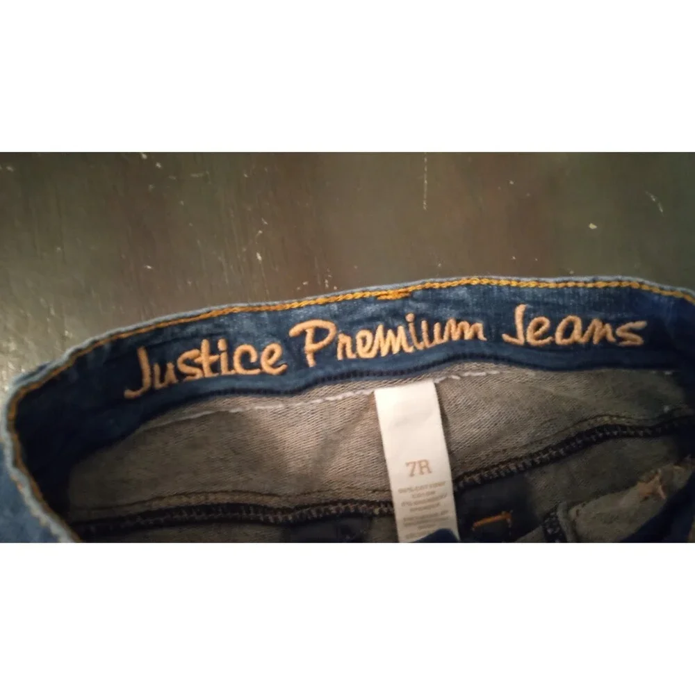 Justice Girls 7R Premium Jeans Blue Distressed Glitzy Sequins Behind Destruction